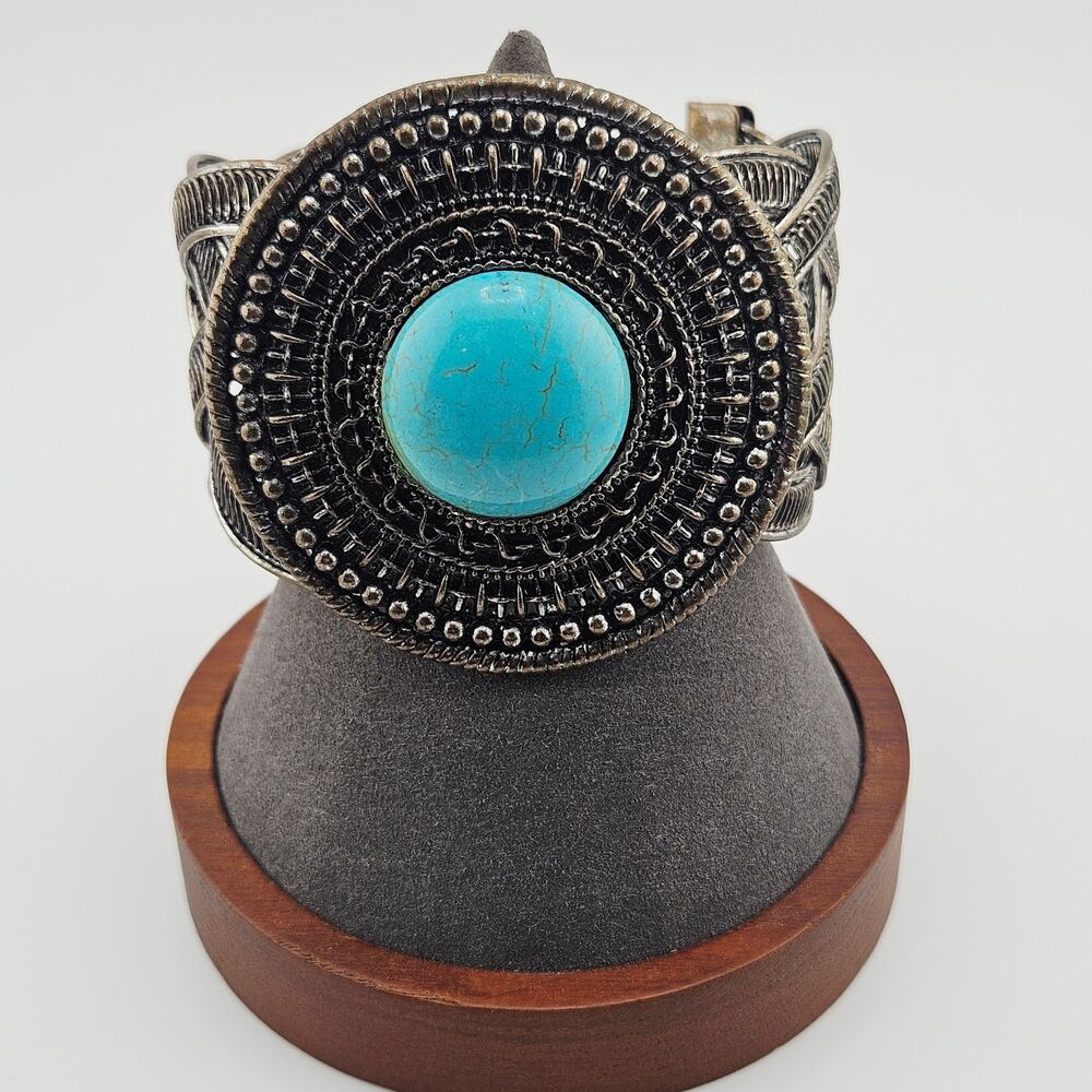 Silver Tone Turquoise Color Medallion Cuff Bracelet Oversized Cowgirl Western